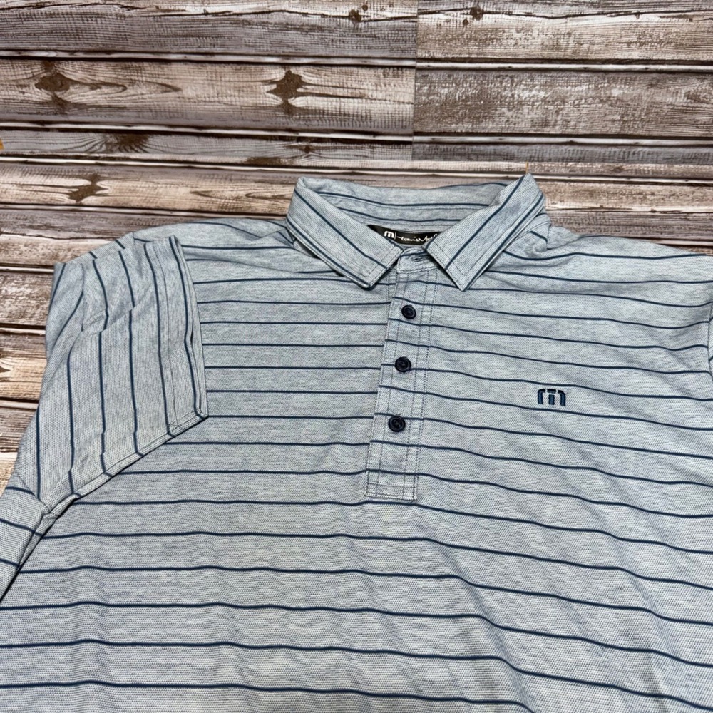 TravisMathew Polo Shirt Mens Size Large Blue Striped Short Sleeve Golf Casual